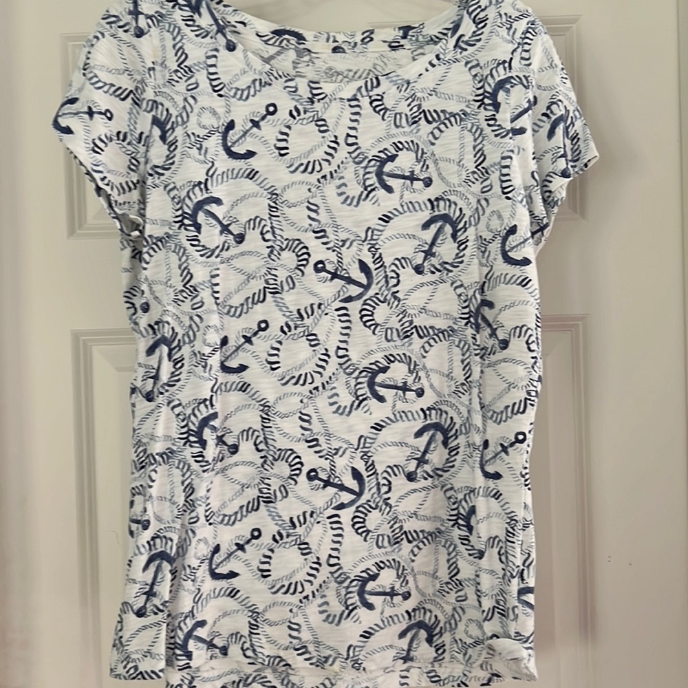 Excellent Condition Lands End Nautical Blue White T-shirt Size Medium